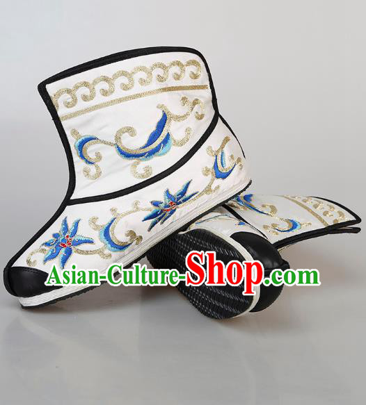 Chinese Handmade Embroidered White Boots Traditional Beijing Opera Martial Arts Men Shoes
