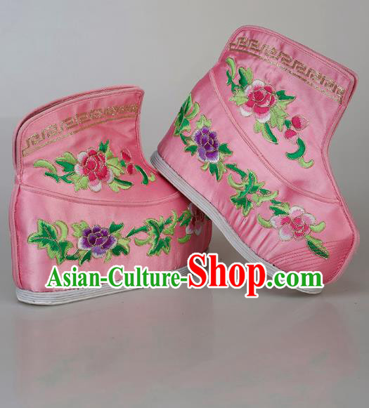 China Ancient Swordswoman Pink Satin Shoes Traditional Peking Opera Blues Embroidered Boots