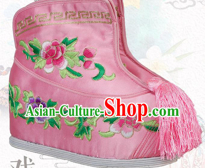 China Ancient Swordswoman Pink Satin Shoes Traditional Peking Opera Blues Embroidered Boots