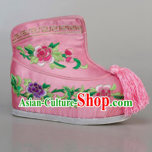 China Ancient Swordswoman Pink Satin Shoes Traditional Peking Opera Blues Embroidered Boots