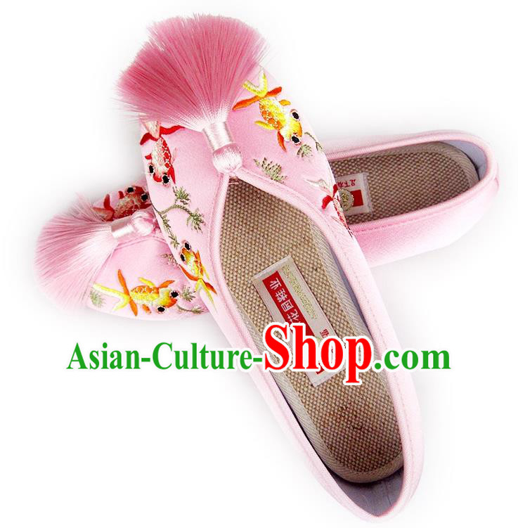 China Traditional Pink Satin Shoes Embroidered Goldfish Shoes National Shoes
