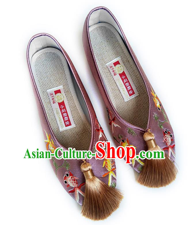 China National Wedding Shoes Traditional Lilac Satin Shoes Embroidered Goldfish Shoes