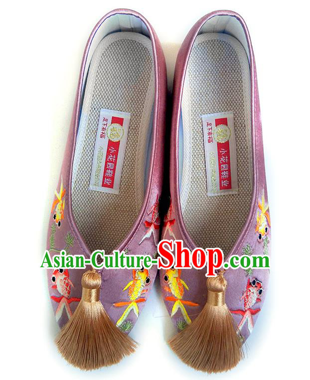 China National Wedding Shoes Traditional Lilac Satin Shoes Embroidered Goldfish Shoes