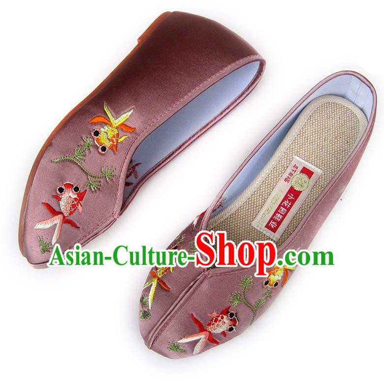 China Embroidered Cameo Brown Satin Shoes Traditional Wedding Shoes National Beijing Shoes