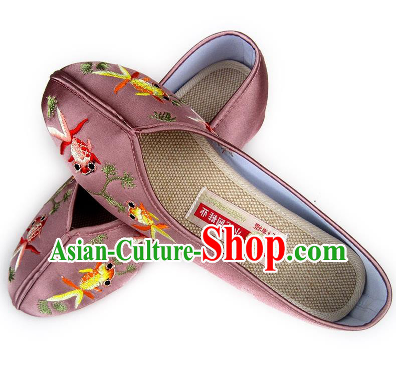 China Embroidered Cameo Brown Satin Shoes Traditional Wedding Shoes National Beijing Shoes