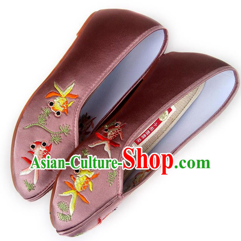China Embroidered Cameo Brown Satin Shoes Traditional Wedding Shoes National Beijing Shoes