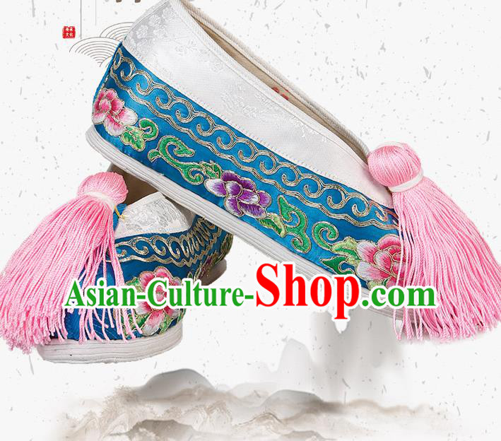 China Traditional Peking Opera Actress Embroidered Peony Shoes Ancient Rich Lady Blue Satin Shoes