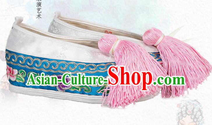 China Traditional Peking Opera Actress Embroidered Peony Shoes Ancient Rich Lady Blue Satin Shoes