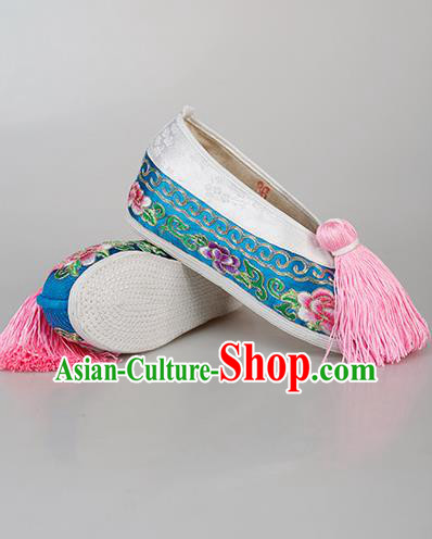 China Traditional Peking Opera Actress Embroidered Peony Shoes Ancient Rich Lady Blue Satin Shoes