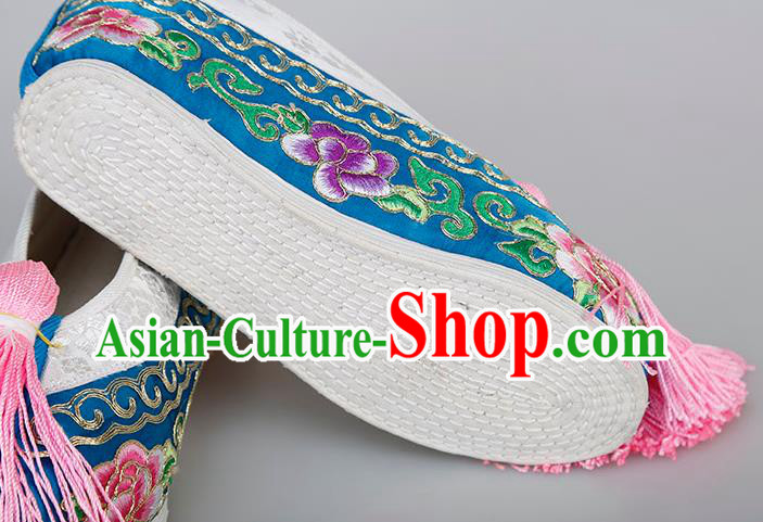 China Traditional Peking Opera Actress Embroidered Peony Shoes Ancient Rich Lady Blue Satin Shoes