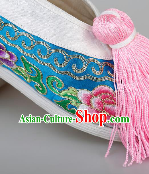 China Traditional Peking Opera Actress Embroidered Peony Shoes Ancient Rich Lady Blue Satin Shoes