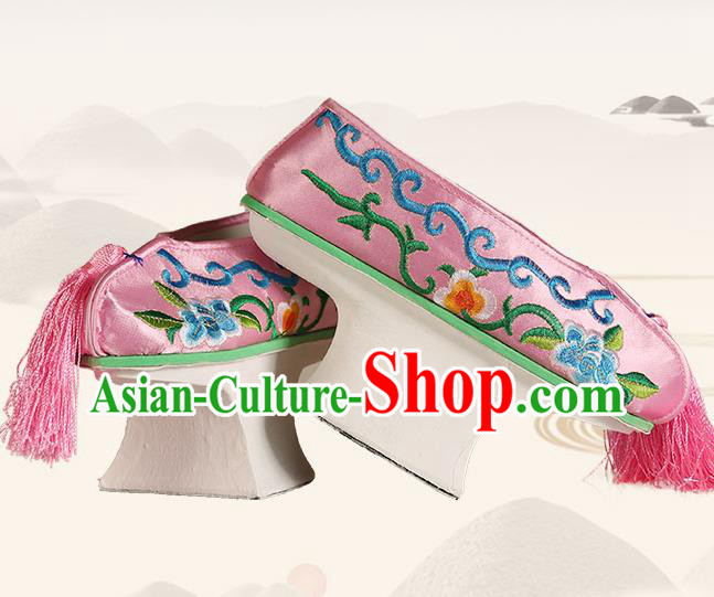 China Traditional Peking Opera Hua Tan Embroidered Shoes Ancient Qing Dynasty Princess Pink Satin Shoes