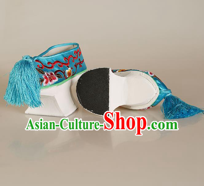 China Ancient Qing Dynasty Princess Blue Satin Shoes Traditional Peking Opera Hua Tan Embroidered Shoes