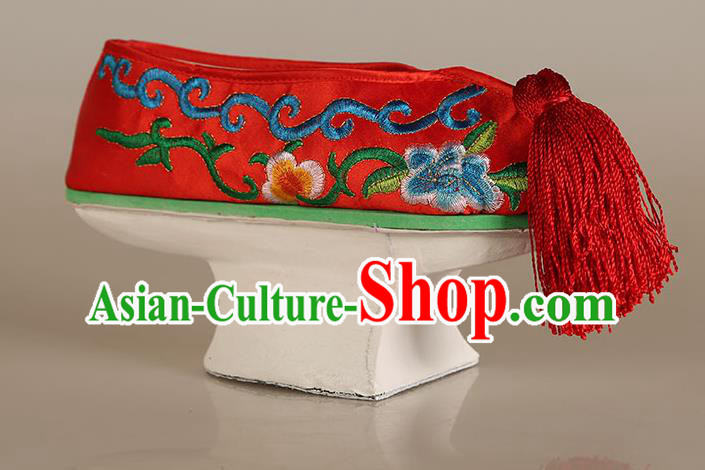 China Traditional Peking Opera Diva Embroidered Shoes Ancient Qing Dynasty Princess Red Satin Shoes