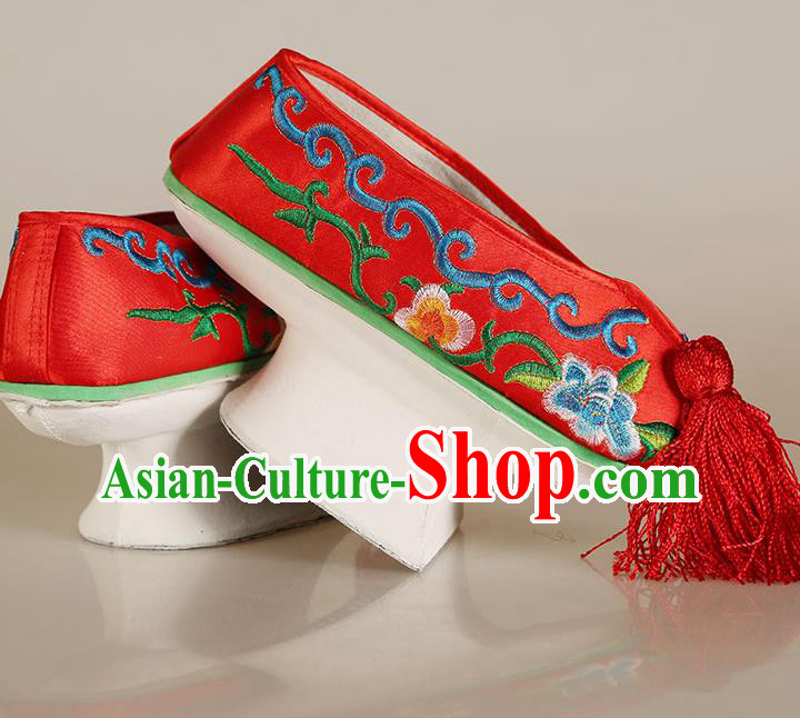 China Traditional Peking Opera Diva Embroidered Shoes Ancient Qing Dynasty Princess Red Satin Shoes