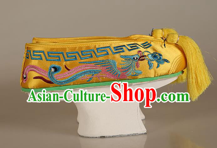 China Traditional Peking Opera Actress Shoes Ancient Qing Dynasty Princess Embroidered Yellow Satin Shoes