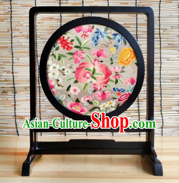 China Traditional Double Side Embroidered Peach Flowers Table Screen Handmade Blackwood Desk Decoration