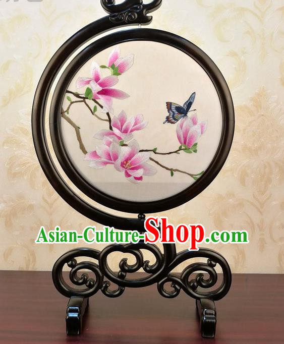 China Embroidery Silk Craft Traditional Embroidered Mangnolia Table Screen Handmade Blackwood Desk Ornament