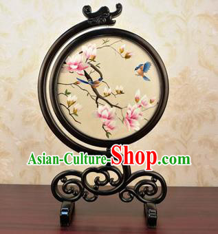 China Handmade Blackwood Desk Ornament Embroidery Silk Craft Traditional Embroidered Mangnolia Birds Table Screen