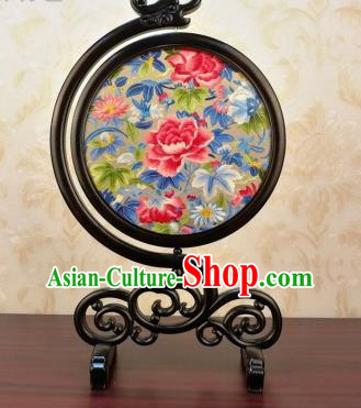 China Handmade Embroidered Peony Flowers Desk Ornament Traditional Blackwood Carving Table Screen