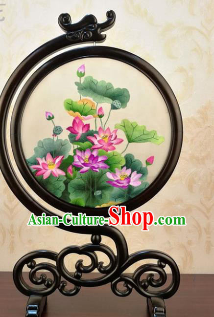 China Handmade Carving Blackwood Craft Traditional Suzhou Embroidered Lotus Table Screen