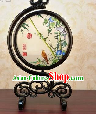 China Traditional Double Side Embroidered Petunia Bamboo Table Screen Handmade Carving Blackwood Desk Ornament