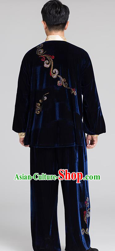 Chinese Traditional Tai Chi Navy Pleuche Costumes Men Kung Fu Uniforms