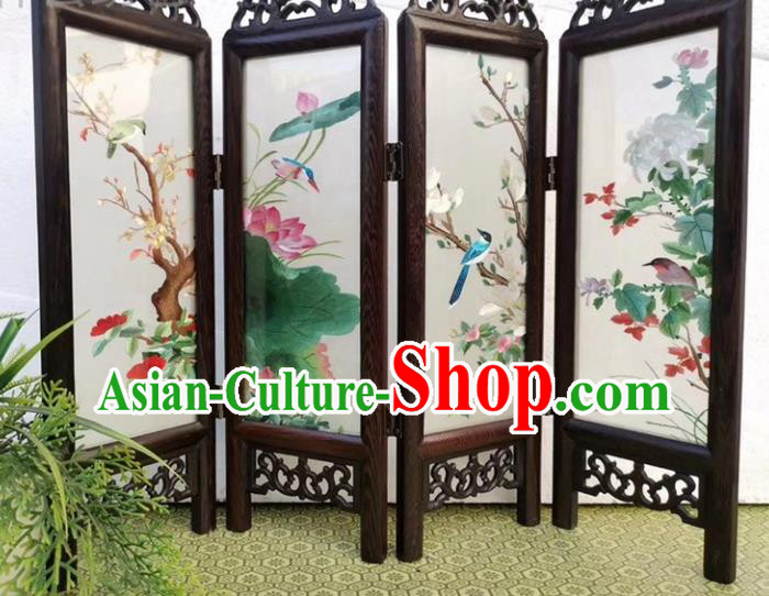 Chinese Handmade Folding Screen Embroidery Flowers Birds Rosewood Desk Ornaments