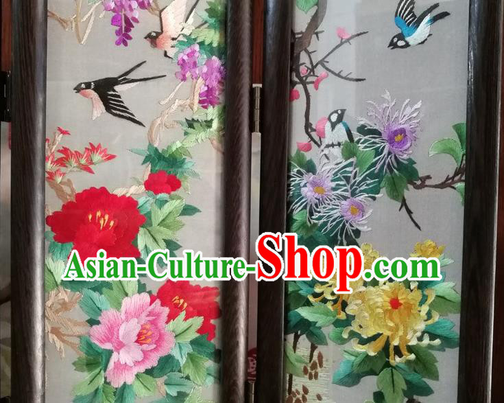 Chinese Embroidery Plum Lotus Peony Chrysanthemum Desk Ornaments Handmade Rosewood Carving Folding Screen