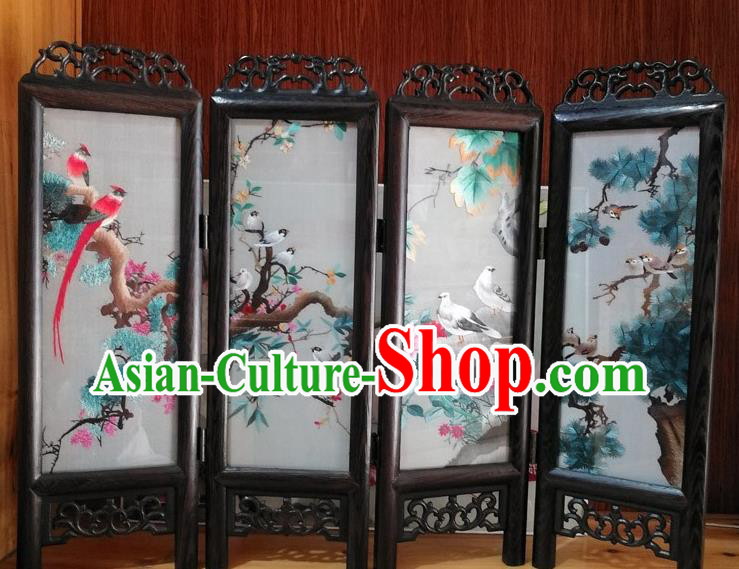 Chinese Suzhou Embroidery Birds Desk Ornaments Handmade Rosewood Folding Screen Craft