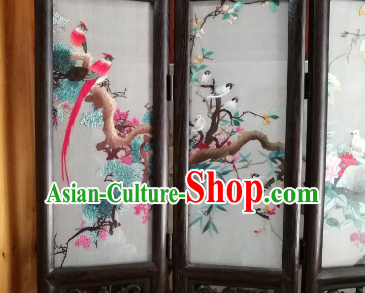 Chinese Suzhou Embroidery Birds Desk Ornaments Handmade Rosewood Folding Screen Craft