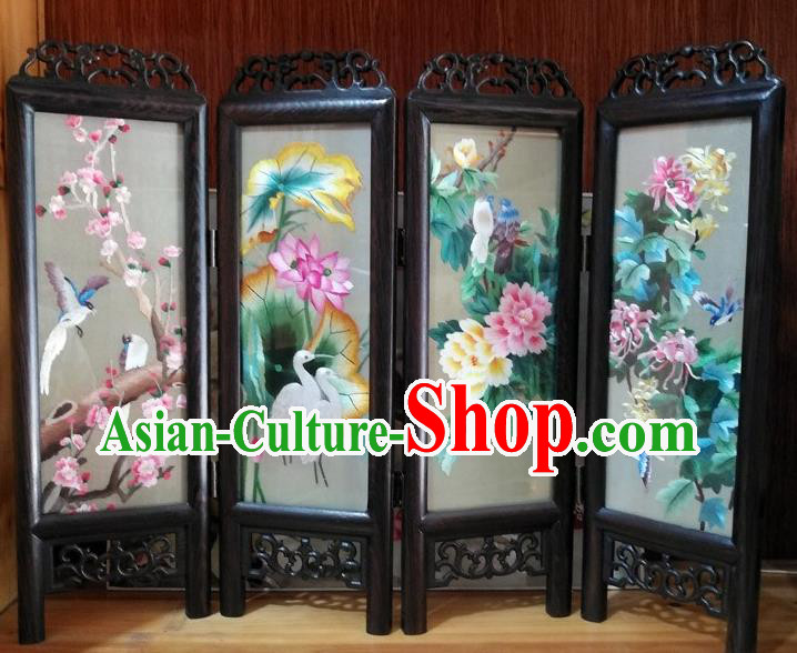 Chinese Handmade Rosewood Craft Folding Screen Suzhou Embroidery Plum Lotus Peony Chrysanthemum Desk Ornaments