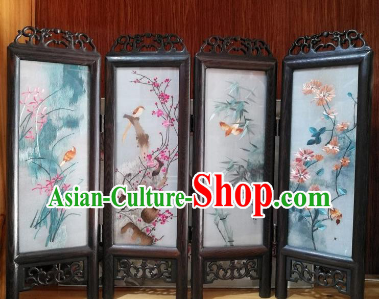 Chinese Desk Ornaments Handmade Rosewood Craft Suzhou Embroidery Plum Orchids Bamboo Chrysanthemum Folding Screen