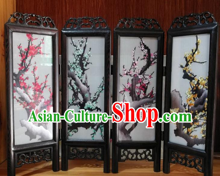 Chinese Handmade Rosewood Craft Suzhou Embroidery Plum Blossom Silk Folding Screen Desk Ornaments