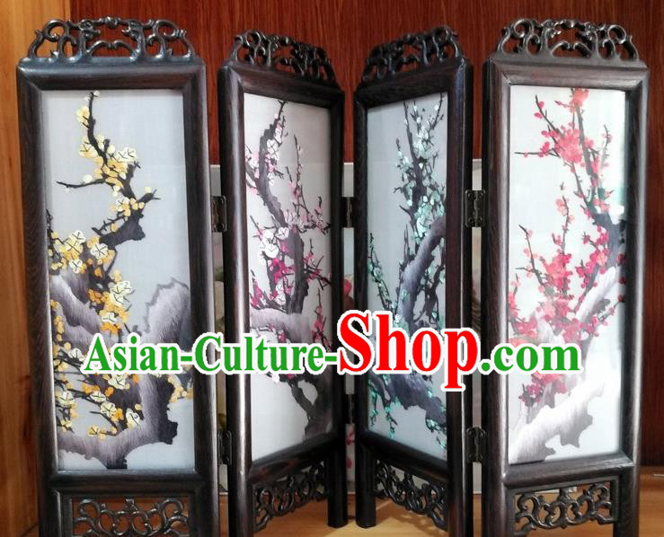 Chinese Handmade Rosewood Craft Suzhou Embroidery Plum Blossom Silk Folding Screen Desk Ornaments
