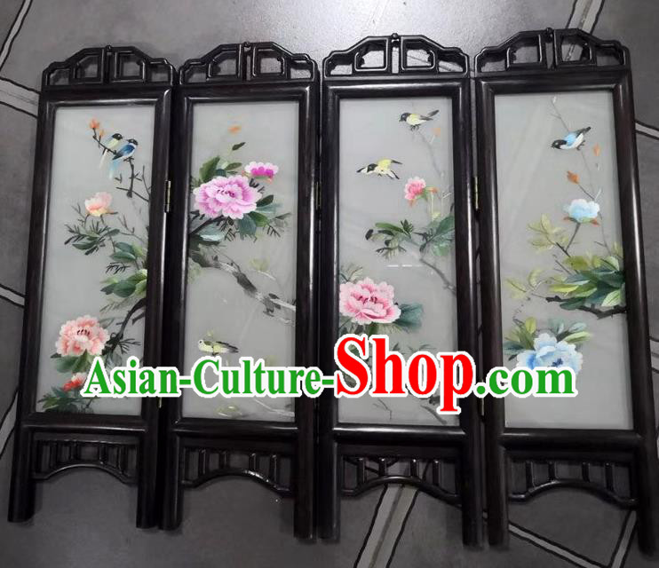Chinese Suzhou Embroidery Peony Table Folding Screen Handmade Desk Ornaments Rosewood Craft