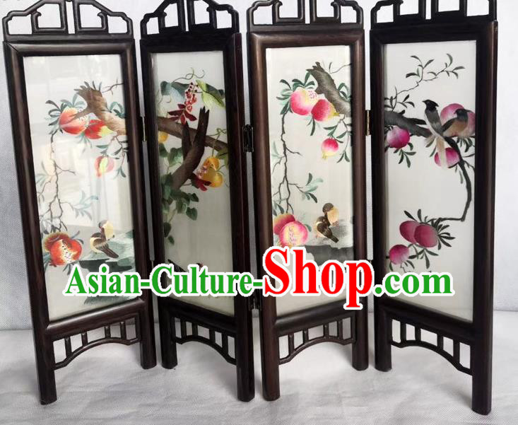 Chinese Handmade Desk Ornaments Rosewood Folding Screen Craft Suzhou Embroidery Peach Pomegranate Table Screen