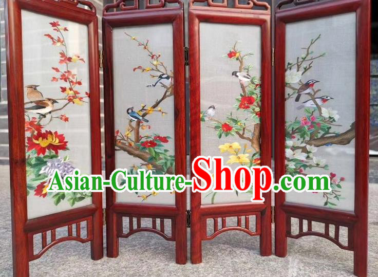 Chinese Handmade Desk Ornaments Rosewood Folding Screen Double Side Embroidery Flowers Birds Table Screen Craft