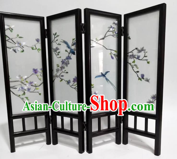 Chinese Blackwood Folding Screen Handmade Desk Decoration Suzhou Embroidery Purple Mangnolia Table Screen