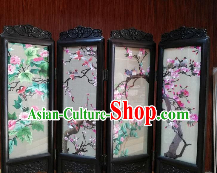 Chinese Suzhou Embroidered Flowers Birds Table Screen Blackwood Folding Screen Handmade Desk Decoration