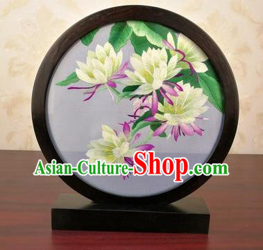 China Handmade Blackwood Desk Screen Traditional Double Side Embroidered Epiphyllum Table Screen Artware