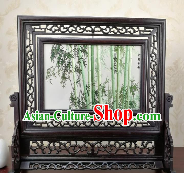 Chinese Suzhou Embroidered Peaceful Bamboo Table Screen Traditional Handmade Wenge Carving Rotatable Screen
