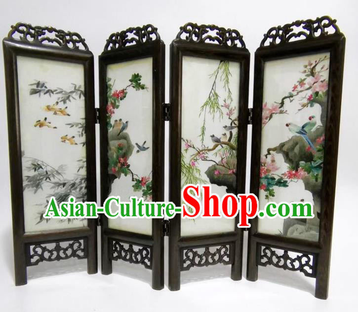 Chinese Handmade Flowers Birds Folding Screen Craft Suzhou Embroidery Table Screen Desk Ornaments