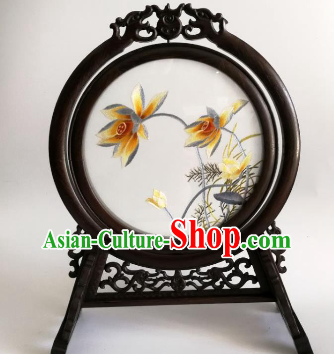 China Traditional Suzhou Embroidery Lotus Table Screen Handmade Wenge Carving Dragon Desk Ornament
