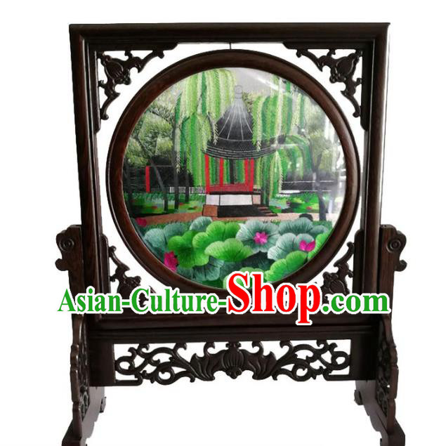 Chinese Handmade Suzhou Embroidered Lotus Pavilion Table Screen Traditional Wenge Rotatable Screen