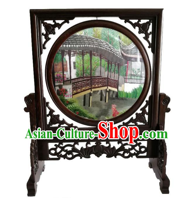 Chinese Traditional Wenge Rotatable Screen Handmade Suzhou Embroidered Corridor Table Screen