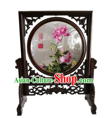 Chinese Handmade Suzhou Embroidered Harbaceous Peony Table Screen Traditional Wenge Rotatable Screen Craft