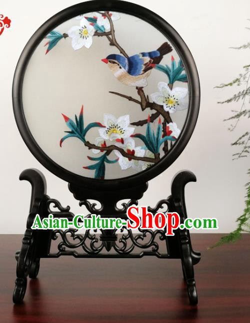 China Suzhou Embroidery Pear Blossom Table Screen Traditional Handmade Blackwood Desk Ornament