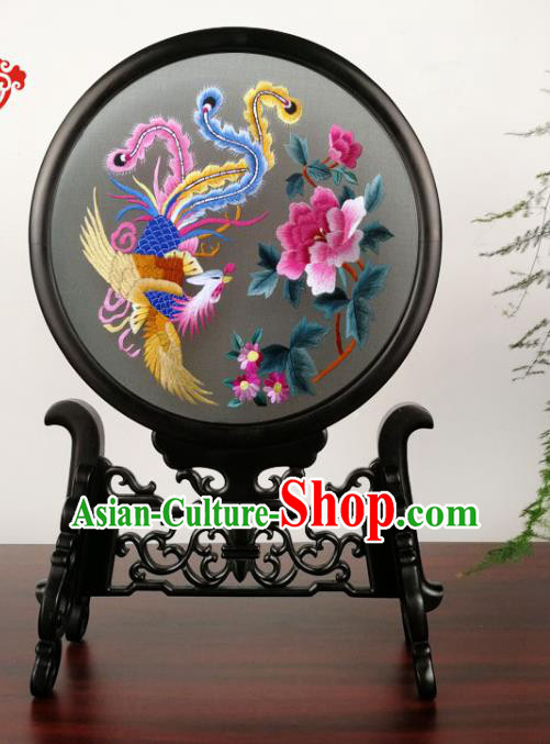 China Suzhou Embroidery Phoenix Peony Table Screen Traditional Handmade Blackwood Desk Ornament Black Silk Screen