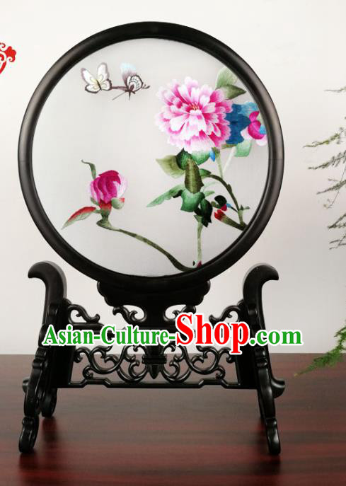 China Traditional Handmade Blackwood Desk Ornament Double Side Silk Screen Suzhou Embroidery Peony Table Screen